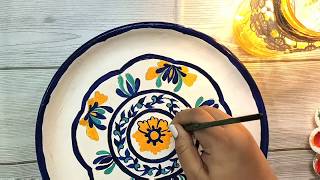 DIY hand painted Plate  Jaipur Blue pottery painting  Ceramic or Melamine plate paintingUpcycling [upl. by Rosaleen]