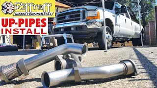 2001 F350 73  RiffRaff UpPipes Install  Stock up pipes leaking and falling apart JUNK SP [upl. by Ettedualc685]